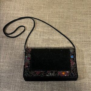 Chic Black Beaded La Regale Clutch with Colorful Accents and Floral Border